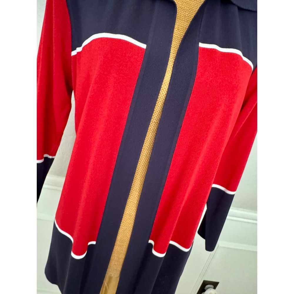 Misook Petite Colorblock Cardigan Navy Blue Red White Open Front Knit Sweater M - Picture 2 of 10